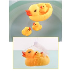 小黃鴨 洗澡玩具 戲水 黃色小鴨 啾啾鴨 母子鴨 網袋裝 洗澡 捏捏叫玩具 軟膠玩具 小鴨玩具, 1大3小, 1個