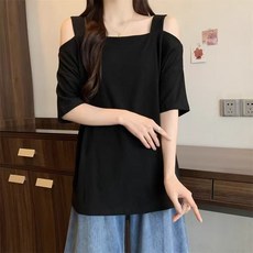 투니스 여성 캐주얼 루즈핏 단색 오프숄더 반소매 티셔츠