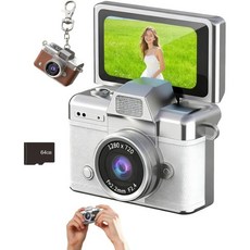 미니 디지털 카메라 열쇠고리 1.47인치 LCD 화면 1080P 2026년 신형 레트로 카메라 CCD 목걸이 포함 내장 플래시 64GB TF 카드 포함 여행 파티용 (화, 흰색