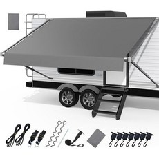 RV 차양천 교체용 원단 업그레이드된 19.5온스 내구성 강한 소재 타이 다운 키트 및 7개 후크 포함 트레일러 캠핑카 차양용 야외 비닐 캐노피 - 16피트천 15피트 2인치, 17' (Fabric 16'2''), Gray