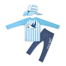 孩童印花長袖防曬泳衣組, 藍鯊