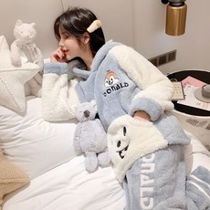 결합 된 잠옷 여성 가을과 겨울 산호 양털 패딩 플러스 벨벳 귀여운 만화 플란넬 학생 달콤한 홈 의류 새로운