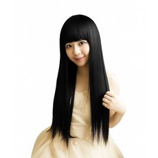幸運星 假髮 外拍 直播 角色扮演 長直髮 齊劉海 氣質黑長直 全頭套 隱形無痕 修臉 仿真圓臉, 1個, 黑色假髮