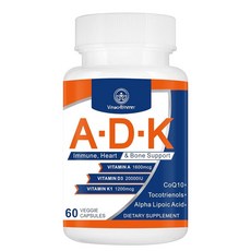 VITACRLLYNMN ADK 비타민 보충제 20000 IU - 심장 뼈 건강 및 면역 지원을 위한 고효능 비타민 A D3 및 K1 비타민 ADK 60캡슐, ADK 비타민 보충제 20000 IU - , 건강 및, 1개, 60
