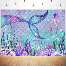 INMEMORY UNDER THE SEA 인어 사진 해초 글리터 장식 생일 퍼플 수중 샤워 바다 베이비 블루 배너 2.1X1.5M(7X5피트) 비늘 배경, 7x5ft