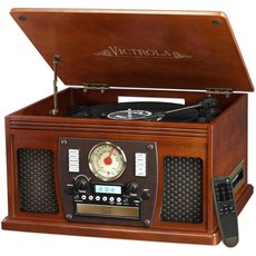 내장 스피커가 있는 빅트롤라 내비게이터 in 블루투스 레코드 플레이어 스피드 턴테이블 CD 카세트 FM 라디오 USB RCA 출력 헤드폰 무선 음악 스트리밍 리얼 우드 블랙, Mahogany, 마호가니