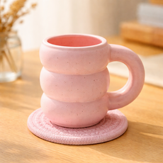 코시나보니따 뚱뚱 도자기 머그컵 300ml+컵받침, 1세트, 핑크머그+핑크티코스터