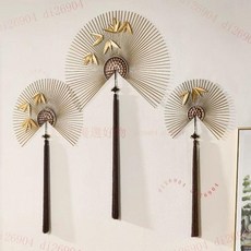 新中式鐵藝壁掛扇子裝飾 客廳/餐廳沙發背景牆飾 (多尺寸組合), 金色,竹葉款直徑30厘米一件