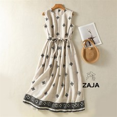ZAJA 여성 린넨 라운드 민소매 원피스 데일리 루즈핏 롱원피스