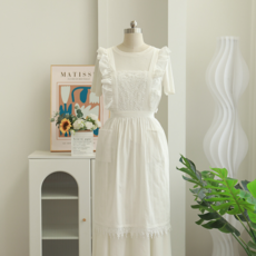 白色蕾絲圍裙 少女田園風 居家藝文畫畫花店美容烘焙工作服, 白色蕾絲圍裙（荷葉花邊）, 均碼