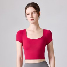 瑜伽服自帶杯露臍交叉蝴蝶美背運動短袖