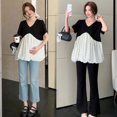 임산부 여름 반팔 티셔츠 캐주얼 임부복 루즈핏 페이크 투피스 도트 블라우스 패션 임부 반팔 상의 YXF