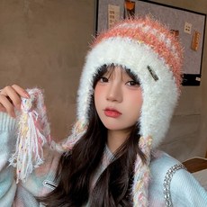 투니스 여성 빈티지 배색 태슬 퍼 니트 모자
