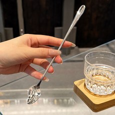 DFMEI 304不銹鋼攪拌勺加長調羹長柄甜品勺奶茶蜂蜜勺樹葉勺子冰勺, 1個, 如圖, 304銀色樹葉冰勺