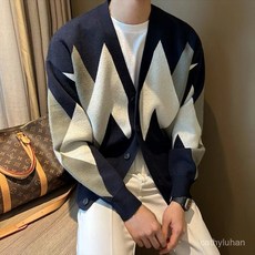 優選大碼 開衫男 新款潮流 韓版菱形格 寬鬆青年 開衫毛衣男 慵懶風休閒 日系針織衫外套