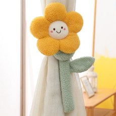 커튼 타이백 스마일 데이지 니트 원단 인형 스트랩 러블리 플라워 한 쌍의 버클 침대 수납 장식 액세서리, 옐로우화이트 2p