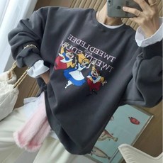 好康批起來 韓國女裝[最後現貨深灰]冬天內刷毛愛麗絲可愛大學T 可愛俏皮實搭大版寬鬆卡通T, 深灰