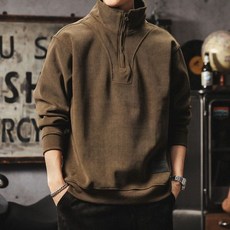 페이준 남성 가을 겨울 코듀로이 맨투맨 빈티지 오버핏 하이넥 반집업 맨투맨 긴팔티 YF112521