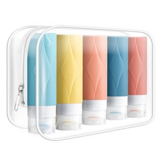 AMNCML 여행용 실리콘 공병 세트 누수방지 휴대용 90ml 5개입 파우치 포함 세척 간편 샴푸 로션 소분용기, 1세트, 혼합색