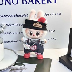 LABUBU娃衣 smile粉色套裝 一二三代娃娃衣服 高顏值搪膠娃衣替代 精選優品, 1個, 桃心斑馬格套裝：衣服+背帶褲+髮帶