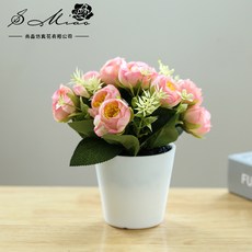 仿真茶玫盆栽 假花 仿真花 仿真梅花盆景 人造花 家居擺件 仿真花裝飾 仿真花盆景 仿真盆栽, 茶玫小盆景 粉色（塑料盆）, 1個