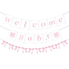 핑크 리본 Welcome Baby 현수막 꾸미기세트 리본 모티브 베이비샤워파티용품, 1세트