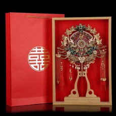 團扇防塵禮盒 新娘結婚喜扇收納框 出嫁送閨蜜, 1個, 丨木框盒+燈串純喜慶大紅底紙,內徑尺寸：46*30*6
