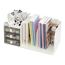 BenF 정리 3칸 책꽂이 흰토끼 올인원 서랍 연필꽂이 책꽂이 책상 데스크 오거나이저, 화이트, 3단, 1개