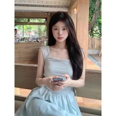 Yellwel 원피스 여성 여름 슬림 웨이스트 드로스트링 스트랩 롱 원피스 DJP