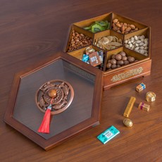 實木堅果盤客廳幹果收納盒喜糖結婚瓜子果盒木質分格帶蓋創意中式, 富貴有餘實木胡桃木色33cm, 1個