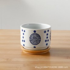 대나무 트레이가 달린 세라믹 화분 식 식물 다육 분재 화분 정원 장식, 2, 1개