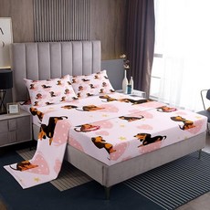 Erosebridal 강아지 침대 시트 세트 트윈 골든 리트리버 시트 세트 어린이 남아 여아용 만화 강아지 시트 수채화 핑크 플랫 매트리스 커버 베개 커버 1개 딥 포, 핑크 블랙