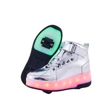 PYYIQI Light Up Shoes LED 롤러 스케이트 신발 바퀴 남아 여아 스니커즈 아웃도어 슬립온 아동용 스니커즈 어린이 선물 실버 437357