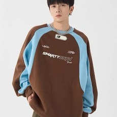 투니스 남성 라운드넥 배색 프린팅 루즈핏 맨투맨 티셔츠