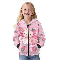 WELLFLYHOM 집업 후디 6-16 플리스 안감 여아용 그래픽 스웨트셔츠 참신한 긴소매 후드 재킷 포켓 포함 Axolotl Strawberry