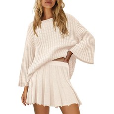 Bufushaoh 여성용 스커트 투피스 의상 캐주얼 루즈 핏 크루넥 긴소매 골지 니트 풀오버 라운지 드레스 블랙.