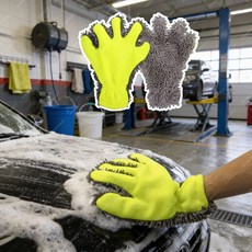 heitu-926 -5손가락 장갑 두꺼운 통기성 세차 장갑 털 방수 세차용 타올 전용 차량 브러쉬 행주 쉬닐 휠 청소 타월, 그레이 그린, 2개