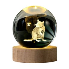十二生肖水晶球夜燈，3D內雕LED燈，木質底座，多款可選，居家裝飾擺飾, 【鼠】禮盒裝,60mm水晶球+暖光燈座
