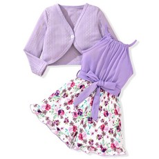 HINTINA 유아 여아용 홀터넥 점프수트 민소매 롬퍼 와이드 레그 반바지 및 긴소매 볼레로 쉬러그 가디건 퍼플. 3~4세