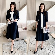 비비디아 여성 리본 원피스 시원소재 슬림핏 하객룩 오피스룩 정장 7부소매 미디기장 (S~2XL) 5608