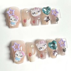 美甲貼片穿戴甲夏季甜酷風美甲片可拆卸貓咪星星蝴蝶結假指甲短款, 1個, BY1596憨狀貓咪:工具包款