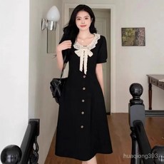 Yellwell러블리 레이스 카라 리본 롱 원피스 여성용 여름 반팔 드레스 데일리 데이트룩LST