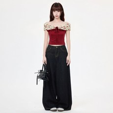 해피유통 여성 오프숄더 플라워 반팔 티셔츠 리본 슬림핏 상의