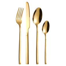 4피스 식기 세트 - 스테인리스 스틸 거울 광택 실버웨어 경량 포크 및 스푼 커틀러리 가정 레스토랑 파티 결혼 선물(실버), 골든