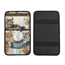 Fun Cat 해먹 & 플라워 스탠드 자동차 센터 콘솔 커버 팔걸이 시트 박스 커버 프로텍터 대부분의 자동차 차량 SUV에 맞는 편안한 장식 액세서리, 재미있는 고양이 해먹 및 꽃 스탠드