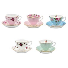 皇家阿爾伯特新帝國玫瑰咖啡杯+碟5件套, Pink+Rose Confetti+Polar Rose+Polar Blue+White, 1組