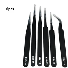 정전기 방지 스테인레스 스틸 핀셋 6개 정밀 유지 보수 산업 수리 곡선 도구 가정 작업 모델 제작 수공구, 01 black, 01 ESD--18 1.5MM