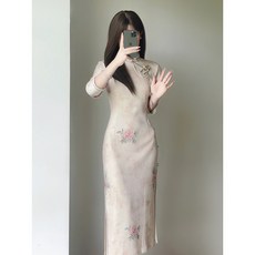 中式旗袍連衣裙 淑女風高貴氣質 年輕款宴會禮服長裙 大花中國風民國風