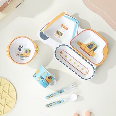 竹纖維兒童餐具套裝卡通輔食碗寶寶吃飯分格盤子小孩子餐盤勺叉杯, 1個, 如圖, A036挖掘機藍色