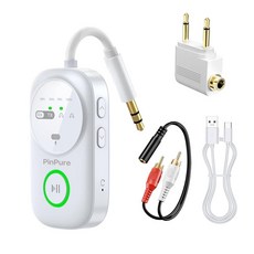 PinPure 블루투스 5.4 송신기 수신기 2개의 에어팟/헤드폰용 마이크가 있는 2-in-1 무선 어댑터 3.5mm 오디오 잭이 비행기 자동차 TV PC 홈 스테, White